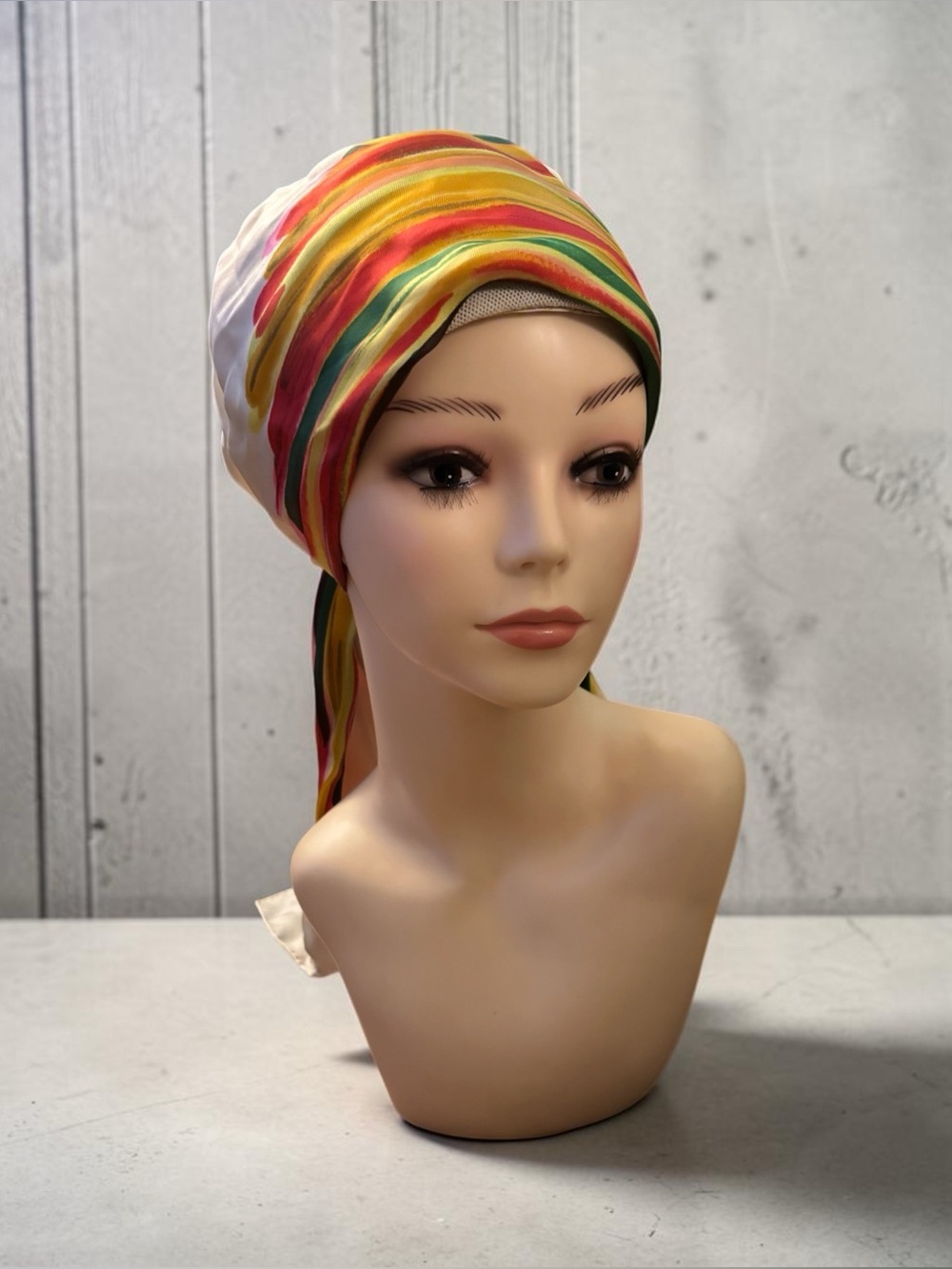 Vintage Rare colorful striped head scarf featuring vibrant yellow, red, & green